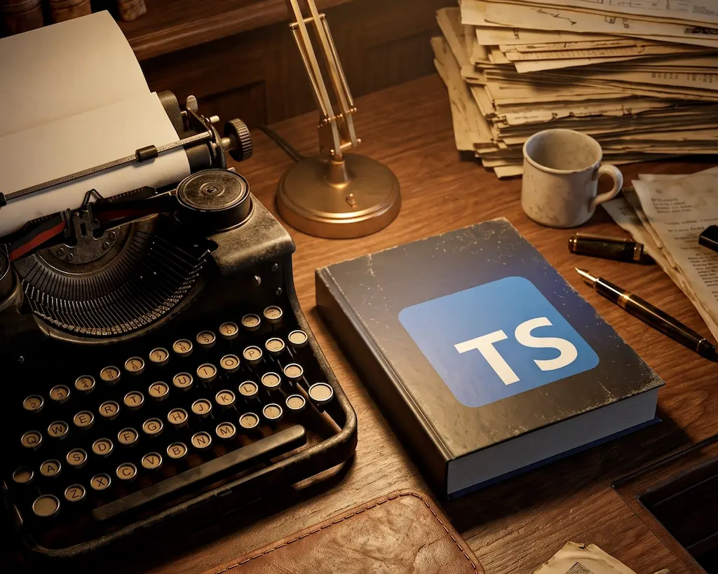 Mesa vintage con maquina de escribir y un cuaderno con el logo de TypeScript Generada por IA