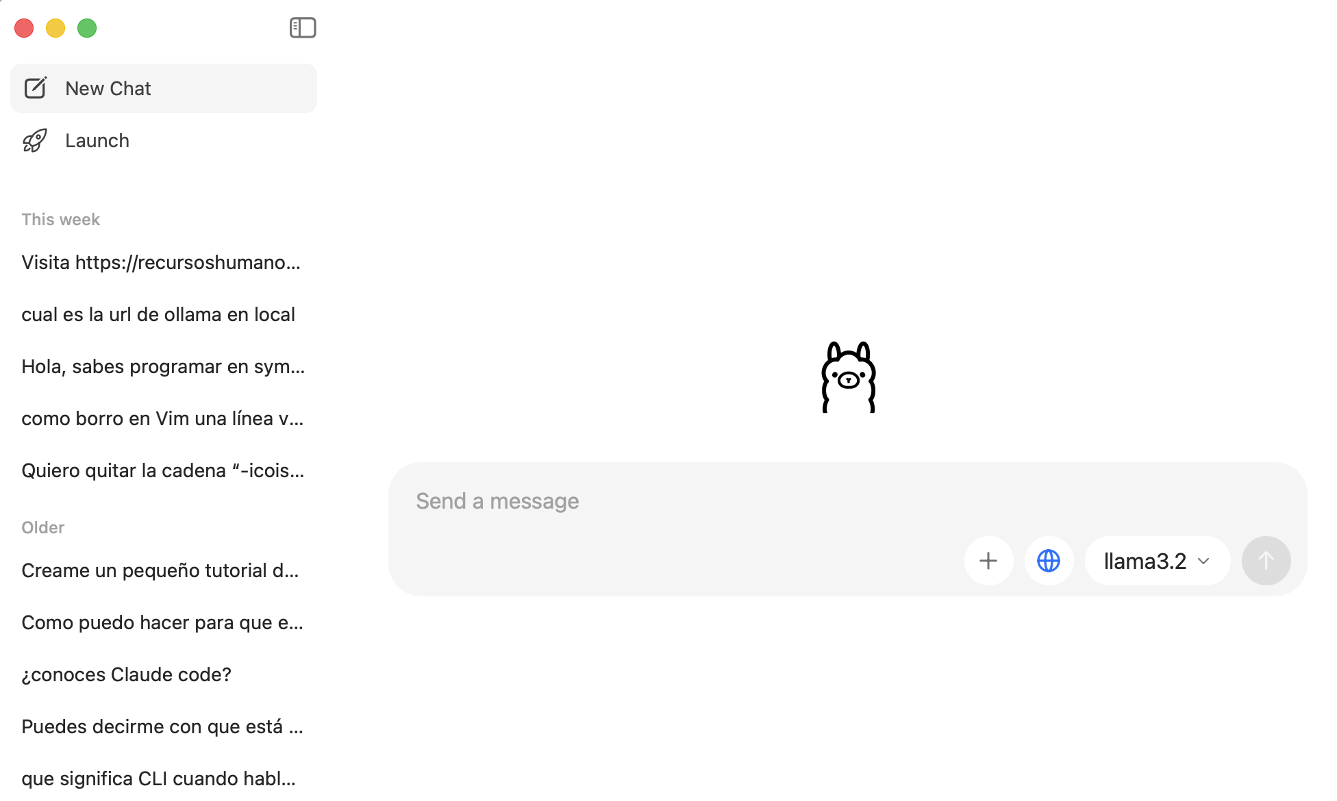 Captura: ventana de bienvenida de Ollama Desktop en macOS